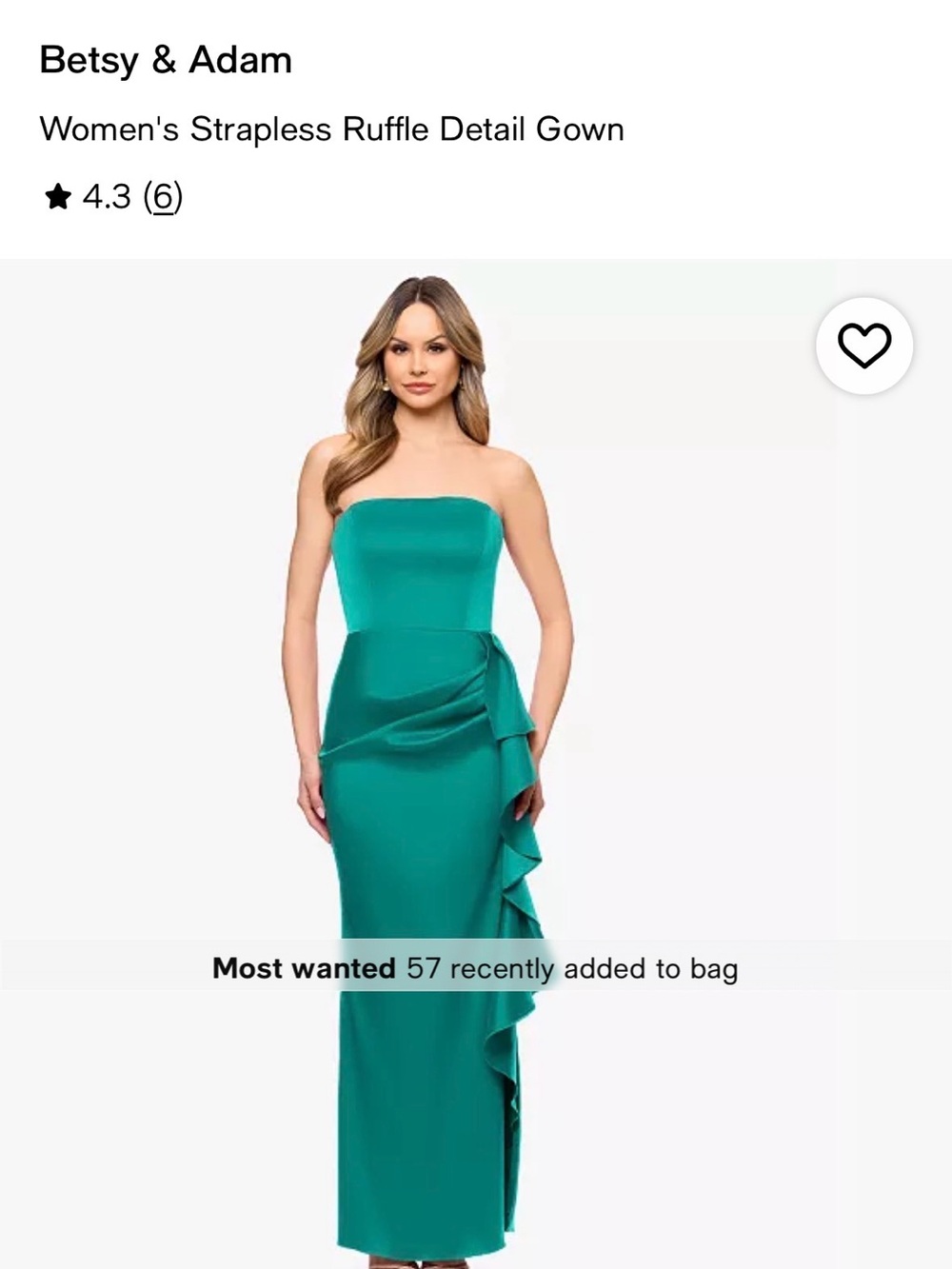 Green strapless gown ruffle detail on left side. NWT